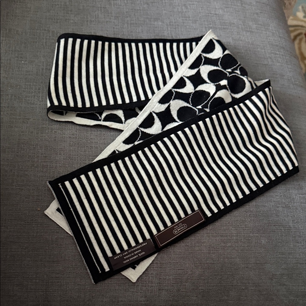 Coach Monochrome Striped Knit & C Logo Wool Scarf